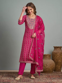 FASHOR - Printed Straight Fit Kurta Pant and Dupatta - Pink
