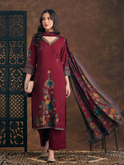 FASHOR - Printed Embroidered Straight Fit Kurta Palazzo and Dupatta - Maroon