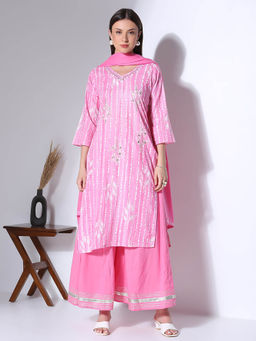 FASHOR - Ethnic Printed Straight Fit Kurta Palazzo and Dupatta - Pink