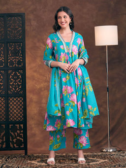 FASHOR - Floral Printed and Embroidered A-Line Panelled Kurta Pant and Dupatta - Sea Green