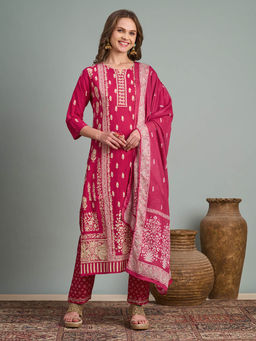 FASHOR - Ethnic Floral Printed Embroidered Straight Fit Kurta Pant and Dupatta - Pink