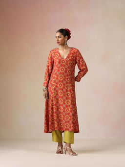 trueBrowns - Red Print Viscose A-line Kurta and Pant