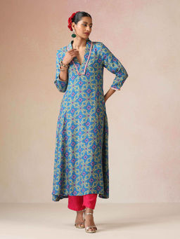 trueBrowns - Blue Printed Viscose A-line Kurta and Pant