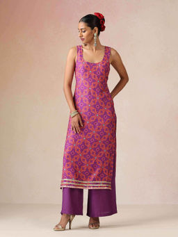 trueBrowns - Purple Printed Viscose Sleeveless Straight Kurta and Pant