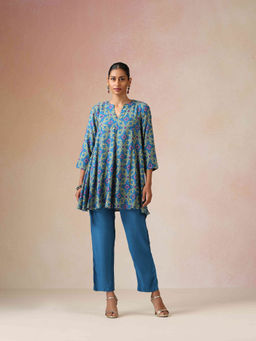 trueBrowns - Blue Lime Jaal Printed Viscose Flared Kurti and Pant