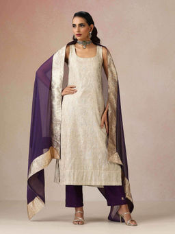 trueBrowns - Ivory Brocade Sleeveless Straight Kurta and Pant