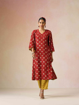 trueBrowns - Red Printed Muslin Silk A-line Kurta and Pant