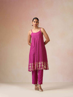 trueBrowns - Pink Gold Foil Print Muslin Silk Flared Kurta Set