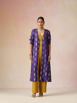 trueBrowns - Purple Gold Foil Printed Muslin Silk Crop Top Pant with Jacket