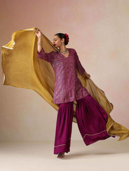 trueBrowns - Magenta Printed Muslin Silk Kurta Sharara with Dupatta
