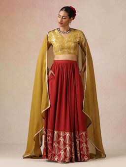 trueBrowns - Mustard Gold Foil Printed Muslin Silk Blouse Skirt Dupatta