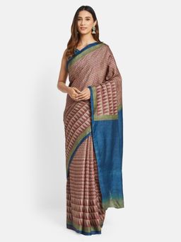 Fabindia - Multi Color Silk Hand Block Printed Geometric Saree without Blouse