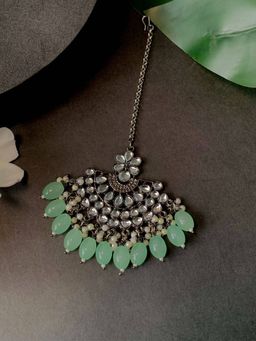 I Jewels - Silver Oxidised Traditional Kundan Pearl Maang Tikka