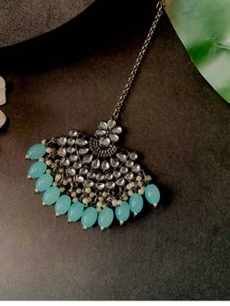 I Jewels - Silver Oxidised Traditional Kundan Pearl Maang Tikka