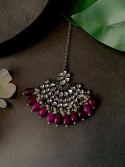 I Jewels - Silver Oxidised Traditional Kundan Pearl Maang Tikka