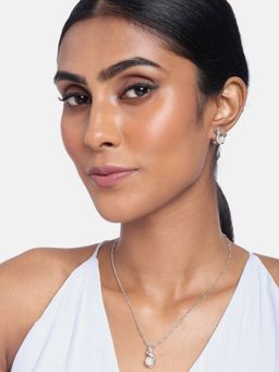 I Jewels - Rhodium Plated Cubic Zirconia Designer Chain Pendant Necklace Jewellery Set