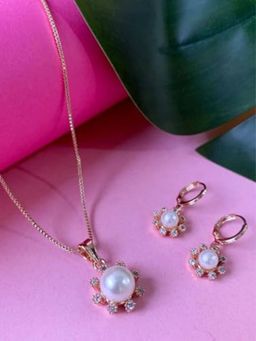 I Jewels - Rose Gold Plated CZ American Diamond Chain Pendant Necklace Set