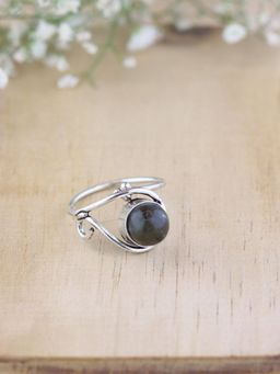 I Jewels - Stylish Silver Plated Black Stone Adjustable Ring