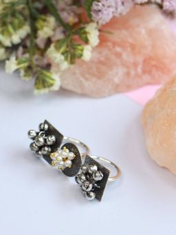 I Jewels - Silver Oxidised Ethnic Adjustable Brass Ring Embellished with Ghungroo & Pearl