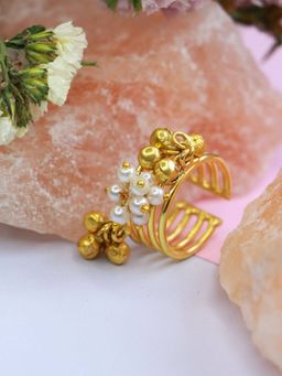 I Jewels - Gold Plated Ethnic Adjustable Ring Embellished with Ghungroo & Pearl