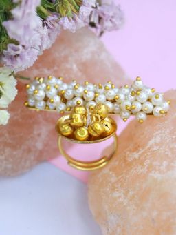 I Jewels - Gold Plated Ethnic Adjustable Brass Ring Embellished with Ghungroo & Pearl