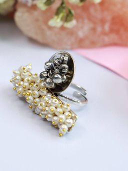 I Jewels - Ethnic Silver Oxidised Adjustable Brass Ring Embellished with Ghungroo & Pearl