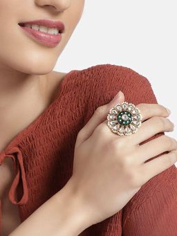 I Jewels - Gold Plated Traditional Green Enamel/Meena Work Ring Glided with Uncut Polki Kundans