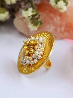 I Jewels - Gold Plated Ethnic Adjustable Brass Ring Embellished with Ghungroo & Pearl