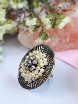 I Jewels - Silver Oxidised Ethnic Adjustable Brass Ring Embellished with Ghungroo & Pearl