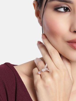 I Jewels - Rose Gold Plated Elegant Crystal CZ American Diamond Sparkling Adjustable Birds Ring