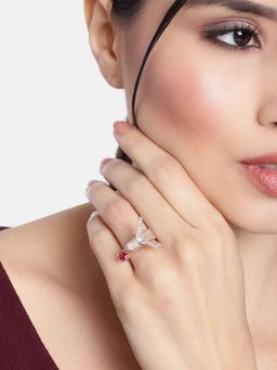 I Jewels - Rose Gold Plated Elegant Crystal CZ American Diamond Sparkling Adjustable Birds Ring