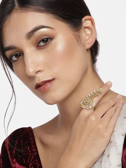 I Jewels - Gold Plated Traditional Kundan & Pearl Studded Peacock Inspired Adjustable Ring