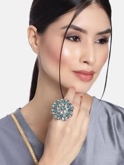 I Jewels - Ethnic Silver Oxidized Green Kundan Work Designer Adjustable Ring