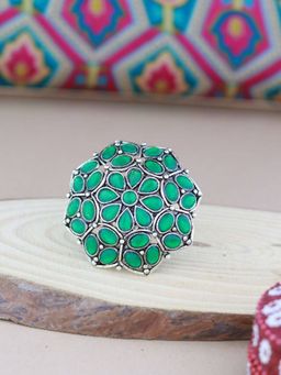 I Jewels - Silver Oxidized Green Kundan Work Designer Adjustable Ring