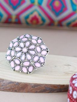 I Jewels - Silver Oxidized Pink Kundan Work Designer Adjustable Ring