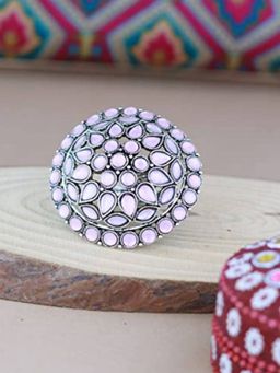 I Jewels - Silver Oxidized Kundan Work Designer Adjustable Ring