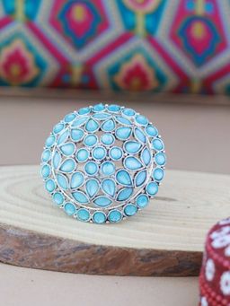 I Jewels - Navratri Ethnic Silver Oxidized Turquoise Kundan Work Designer Adjustable Ring