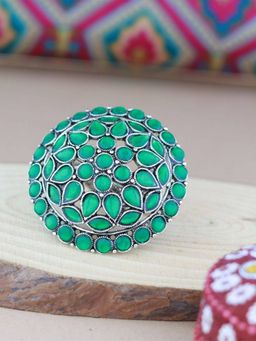 I Jewels - Silver Oxidized Kundan Work Designer Adjustable Ring