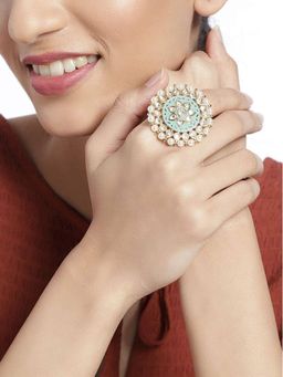 I Jewels - Gold Plated Traditional Mint Enamel/Meena Work Ring Glided with Uncut Polki Kundans