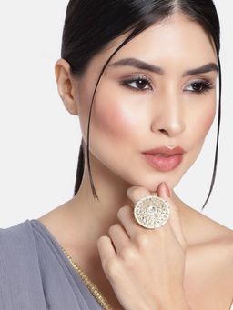 I Jewels - Gold Plated Traditional Green Kundan & Pearl Studded Adjustable Ring