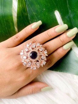 I Jewels - Rose Stylish Latest Fashionable Design Floral CZ American Diamond Adjustable Rings