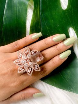 I Jewels - Rose Stylish Latest Fashionable Design Floral CZ American Diamond Adjustable Rings