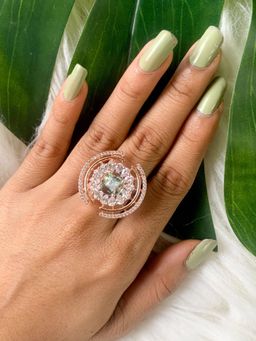 I Jewels - Rose Gold Plated Blue CZ American Diamond Round Princess Cut Adjustable Rings