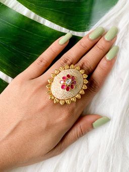 I Jewels - Antique Gold Plated Ethnic Traditional Floral Shaped Design Adjustable Ring