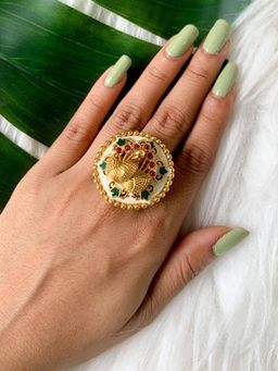 I Jewels - Stylish Gold Plated Traditional Ethnic Adjustable Peacock Design Ring