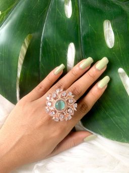 I Jewels - Rose Stylish Latest Fashion Blue Stone Dazzling Cubic Zirconia Brass Adjustable Ring