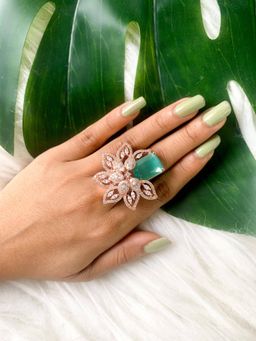 I Jewels - Rose Stylish Latest Fashion Blue Stone Dazzling Cubic Zirconia Brass Adjustable Ring