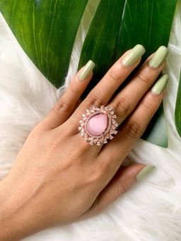 I Jewels - Rose Stylish Latest Fashion Blue Stone Dazzling Cubic Zirconia Brass Adjustable Ring