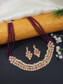 I Jewels - Gold Plated Traditional Maroon Meenakari Kundan Pearl Necklace Jewellery Set