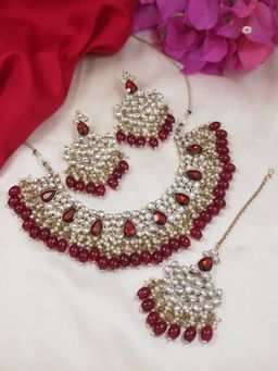 I Jewels - Gold Plated Traditional Kundan Pearl Hanging Choker Necklace Jewellery Set